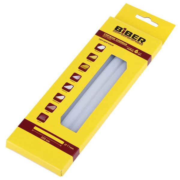 Стержни для термоклеящего пистолета БИБЕР, 11х200 мм, прозрачные, 6 шт