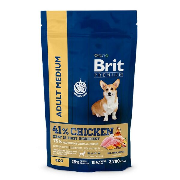 Корм для собак BRIT Premium Dog для средних пород (10–25 кг), курица сух.