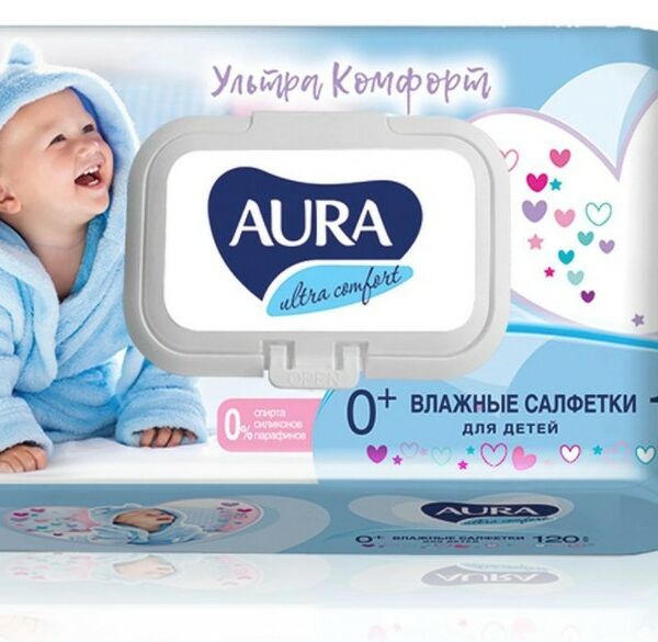 Салфетки влажные Aura для детей Ultra Comfort с крышкой, 120 шт.