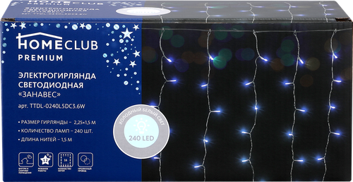 

Электрическая гирлянда HOMECLUB PREMIUM Занавес 240LED 2,2x1,5м, холодный белый, 12 режимов, таймер, IP44