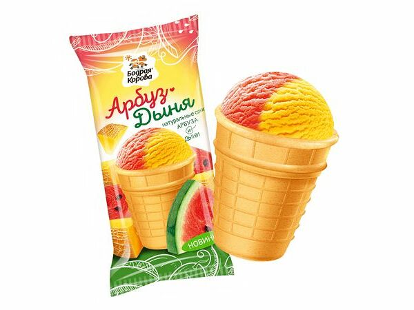 Десерт двухслойный Бодрая корова парфе арбуз-дыня в вафельном стаканчике замороженный, 80г