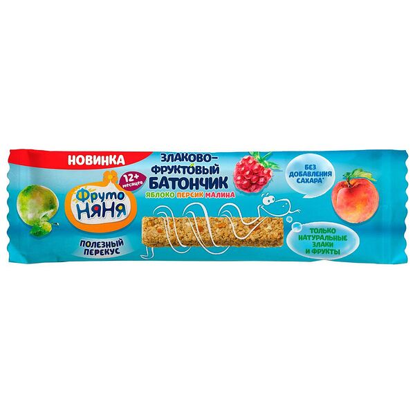 Батончик фруктово-злаковый детский ФрутоНяня яблоко-персик-малина с 12 месяцев