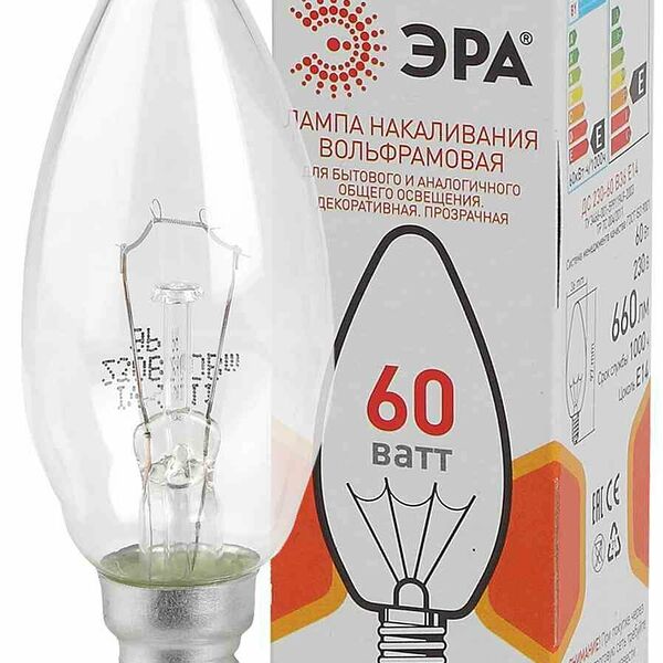 Лампа накаливания вольфрамовая Эра Е14 свеча, 60 Вт