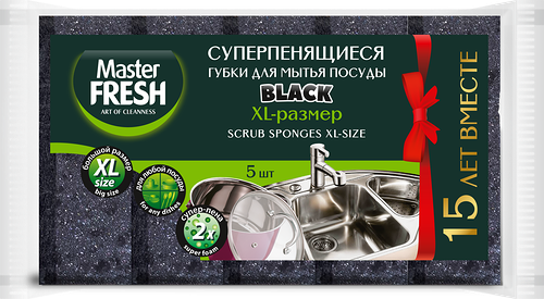 Губки для мытья посуды MASTER FRESH XL bubble-поролон, black, 5шт