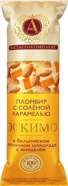 Мороженое А.РостАгроКомплекс Пломбир Эскимо с соленой карамелью и миндалем в молочном шоколаде 15% 65г