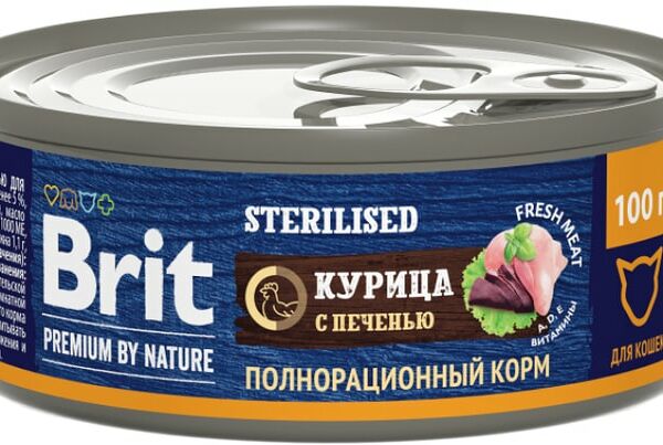Влажный корм для кошек Brit Premium by Nature с мясом курицы и печенью для стерилизованных 100г