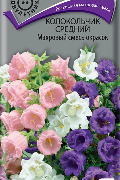 Семена ПОИСК Колокольчик средний Махровый, смесь окрасок, 100шт
