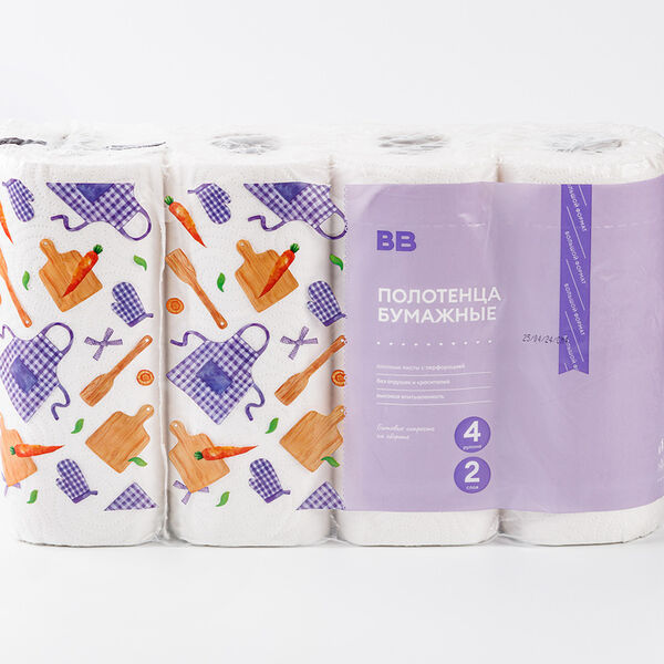 Полотенца бумажные, 2 слоя, 4 рулона, в ассортименте