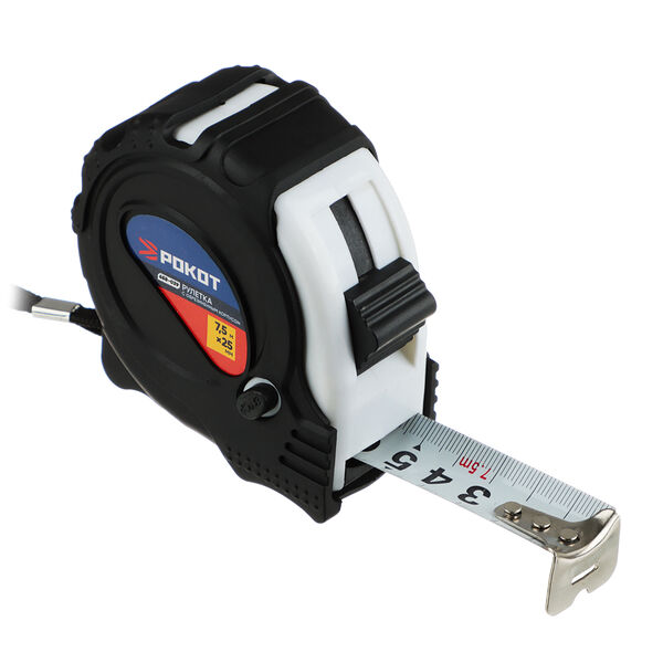 Рулетка Рокот с обрезиненным корпусом 7.5мх25 мм 3 фиксатора