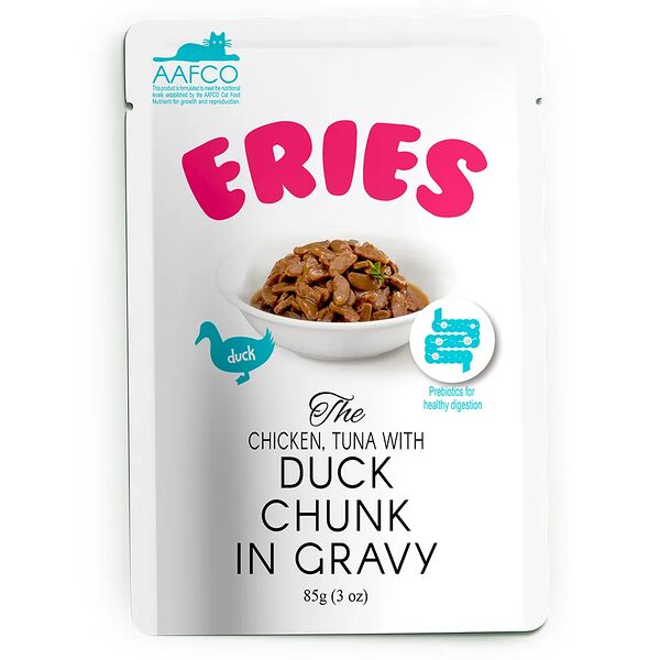 Влажный корм Pettric ERIES для любых кошек Утка с курицей и тунцом, кусочки в соусе 85г