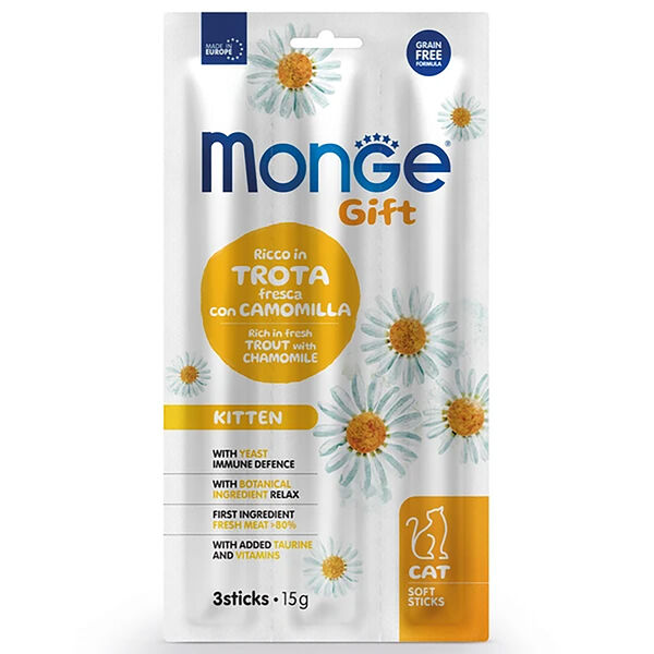 Лакомство для котят Monge Gift Kitten Growth Support Trout and Chamomile Мягкие палочки со свежей форелью и ромашкой