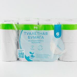 Бумага туалетная ВкусВилл из вторичного волокна, 3 слоя 8 рулонов