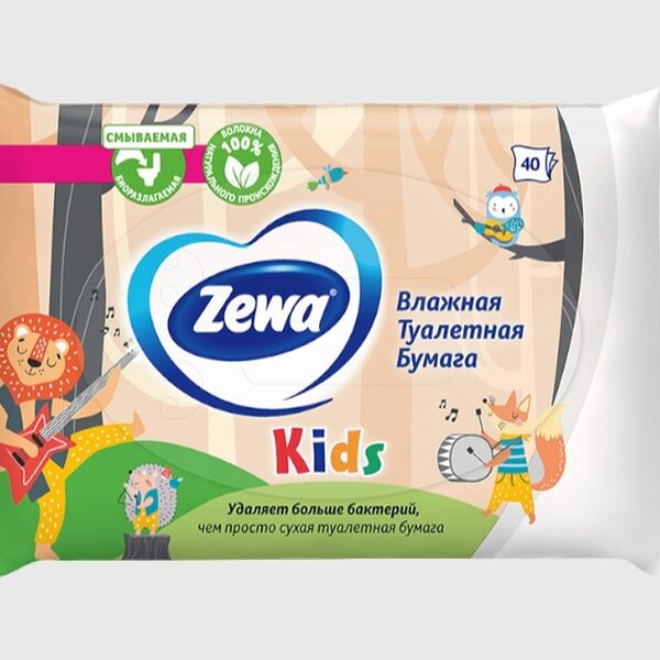 Влажная туалетная бумага Zewa Kids детская без аромата, 40 шт.