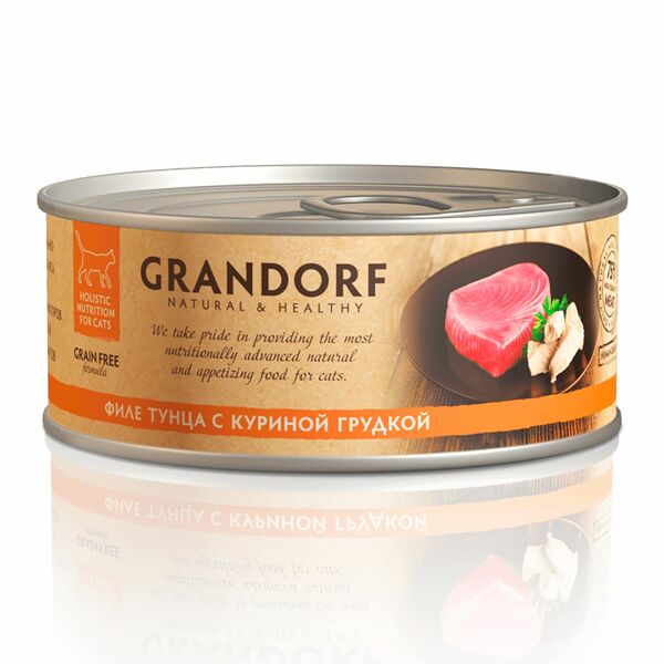Влажный корм Grandorf консервированный, для кошек, филе тунца с куриной грудкой, 70г