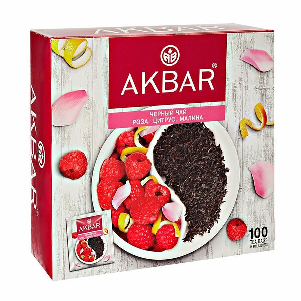 Чай черный Akbar Роза, цитрус, малина, 100 пакетиков