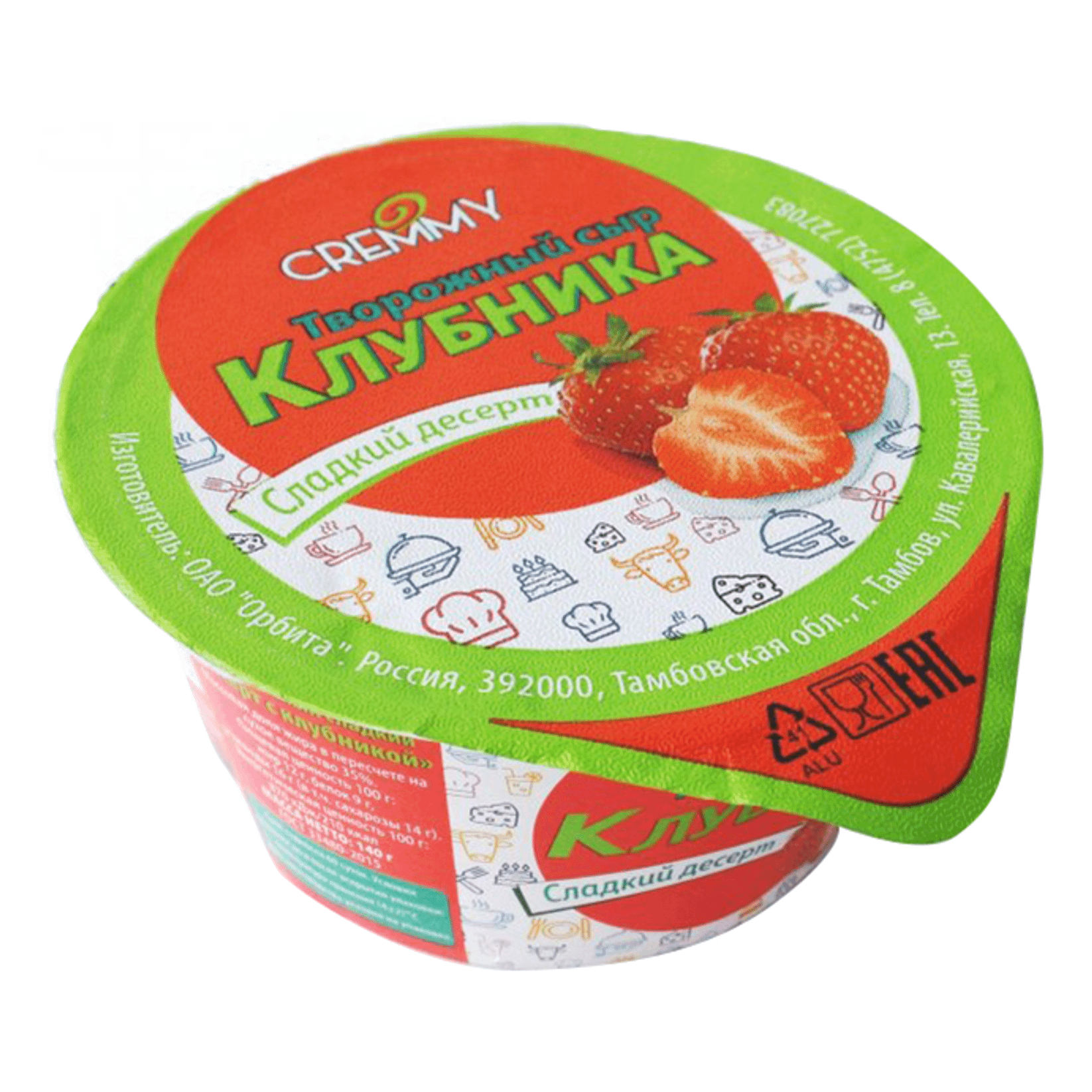 

Сыр Cremmy Десерт с клубникой творожный сладкий 35% 140г