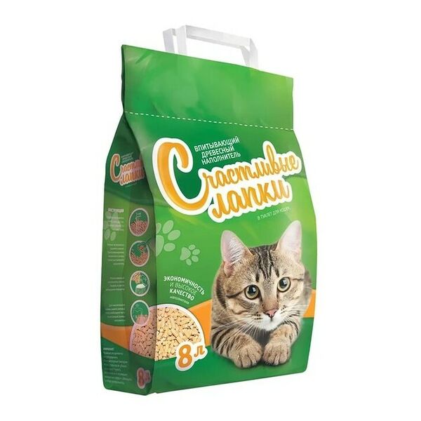 Счастливые лапки Впитывающий древесный наполнитель 8 л