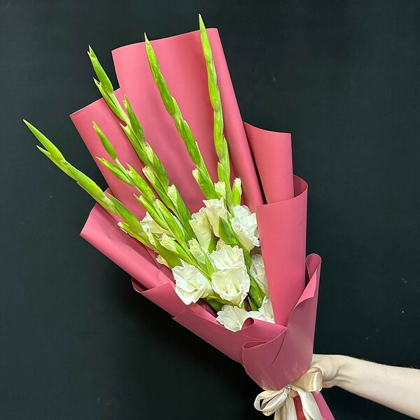 5 белых гладиолусов в матовой пленке