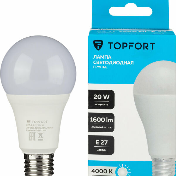 Лампочка светодиодная E27 TOPFORT, 20 Вт, 4000K, груша
