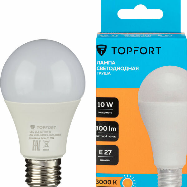 Лампочка светодиодная E27 TOPFORT, 10 Вт, 3000K, груша