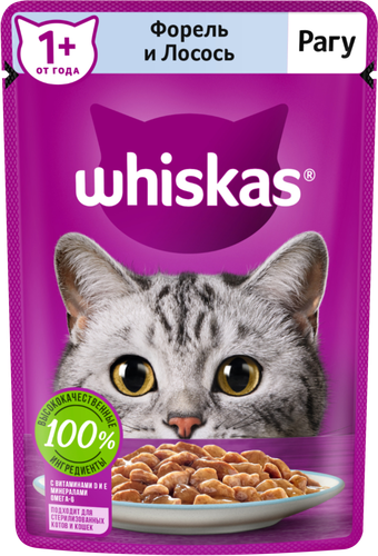 

Корм для кошек Whiskas для кошек, рагу с форелью и лососем 75 г