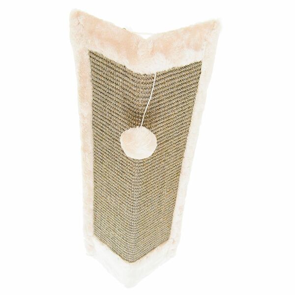 Когтеточка-доска Petmax угловая с креплением к стене с игрушкой для кошек, серо-бежевый 31х60х1 см