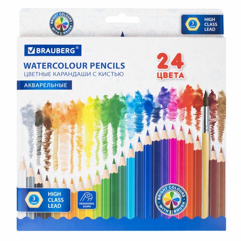 

Карандаши цветные BRAUBERG акварельные классические мягкие, с кистью, 24 цвета, Арт. 181849