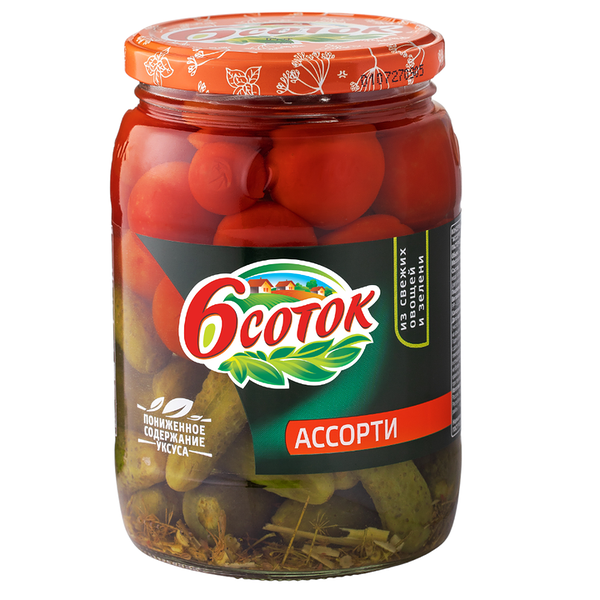 Овощные консервы 6 Соток Ассорти из огурцов и томатов черри, 720 мл