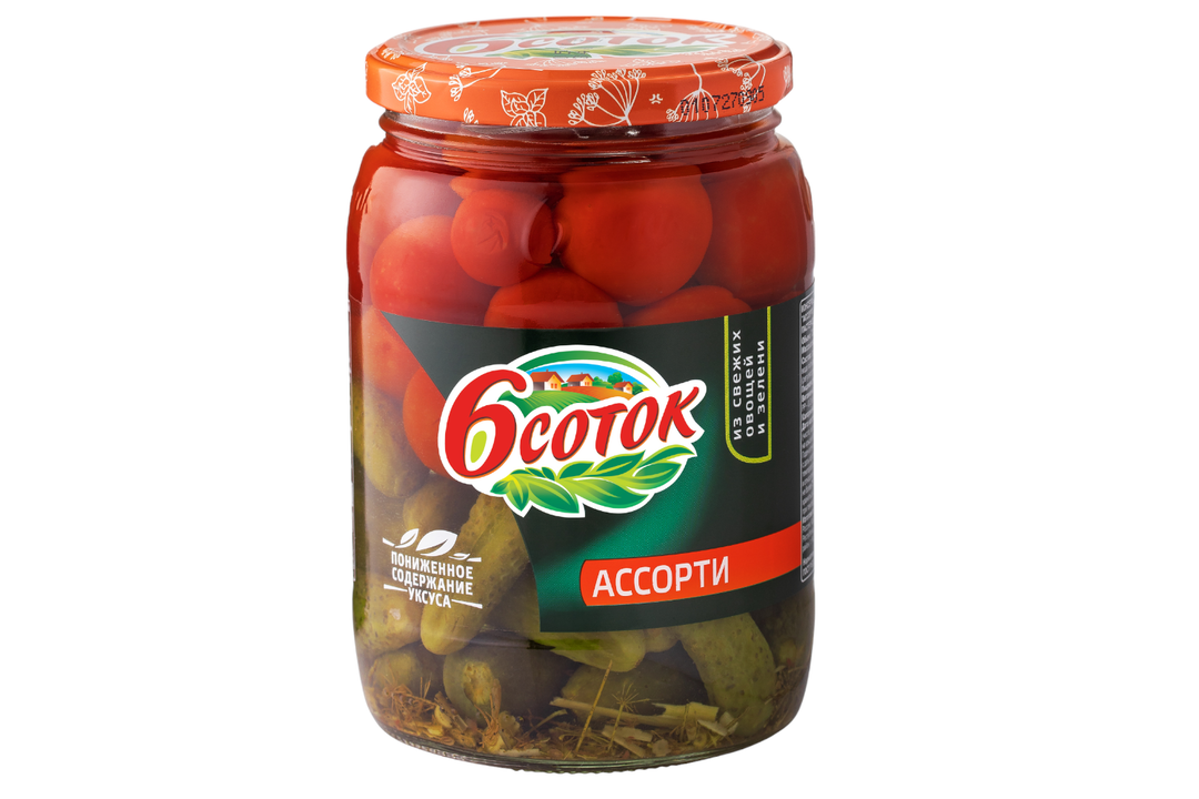 

Ассорти овощное 6 соток огурцы и томаты черри маринованные 680 г