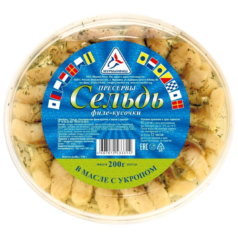 

Сельдь Мурман Фиш тихоокеанская филе-кусочки в масле с укропом 200 г