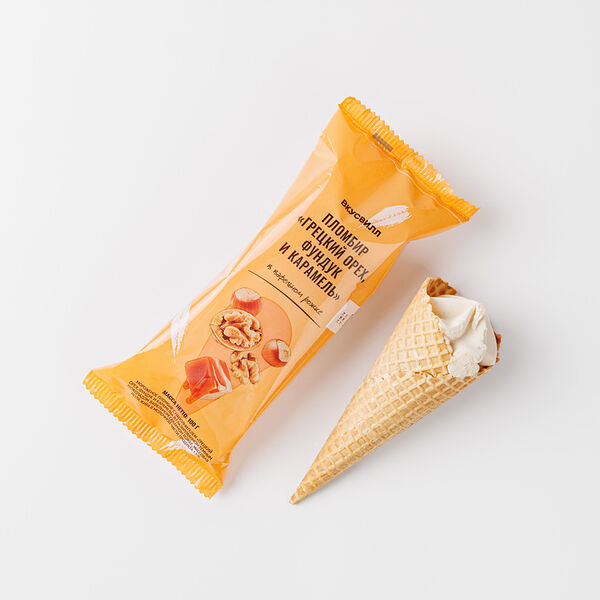 Пломбир Грецкий орех, фундук и карамель в ваф. рожке 100 г