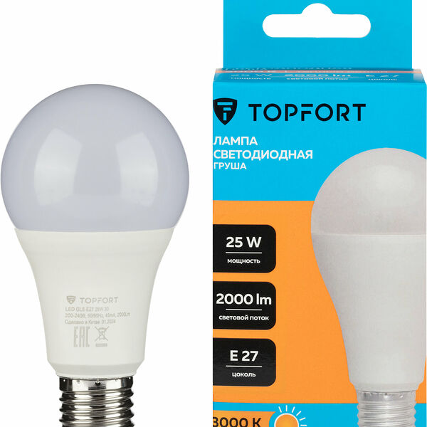 Лампочка светодиодная E27 TOPFORT, 25 Вт, 3000K, груша