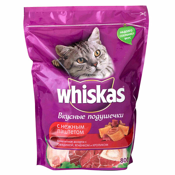 Сухой корм для кошек Whiskas® Вкусные подушечки Говядина-Кролик-Ягненок