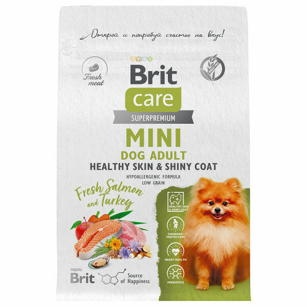 Сухой корм для взрослых собак мелких пород Brit Care Mini Adult Healthy Skin&Shiny Coat с лососем и индейкой 400 г