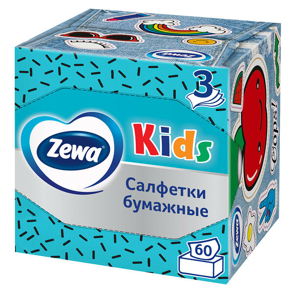 Салфетки бумажные в коробке Zewa Kids детские, 3 слоя, 60 шт., дизайн в ассортименте