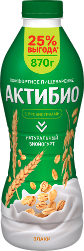 Биойогурт питьевой Актибио Злаки 1.6%, без змж, 870г