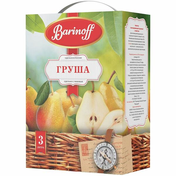 Напиток сокосодержащий Barinoff Груша с мякотью для детского питания, 3 л