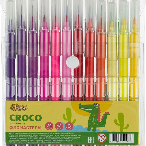 Фломастеры №1School Croco 24цв., прозр.колп,смыв, блист. упак. c кнопкой