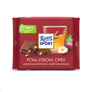Шоколад Ritter Sport молочный с ромом, изюмом и орехами, 100г