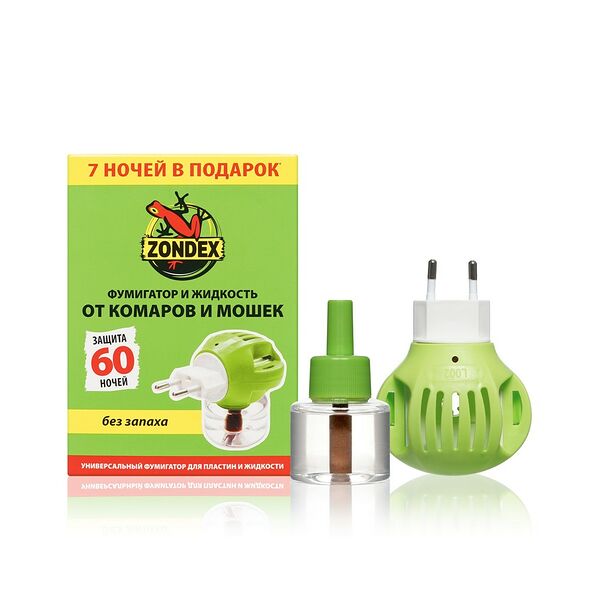 Фумигатор + жидкость от комаров и мошек Zondex без запаха 60 ночей 45мл