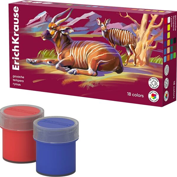 Гуашь ErichKrause Safari с УФ защитой яркости 18 цветов
