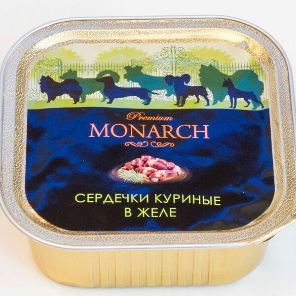 Влажный корм Monarch для взрослых собак всех пород, сердечки куриные в желе,150 г