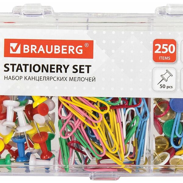 Набор BRAUBERG, скрепки цветные 28 мм/100 шт., кнопки канцелярские 100 шт., силовые кнопки 50 шт.