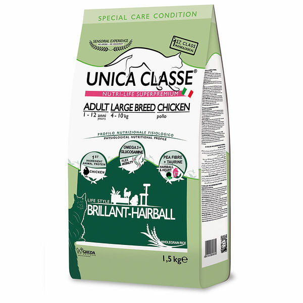 Adult Large Breed Brillant-Hairball Сухой корм UNICA для кошек крупных пород, с курицей, 1,5 кг