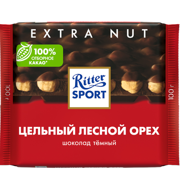 Шоколад темный Ritter Sport Extra Nut, Цельный лесной орех, 100 г