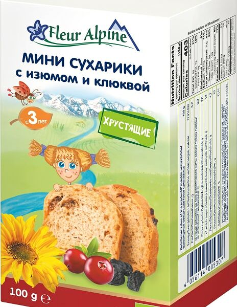 Сухарики Fleur Alpine Organic с изюмом и клюквой с 3 лет 100г