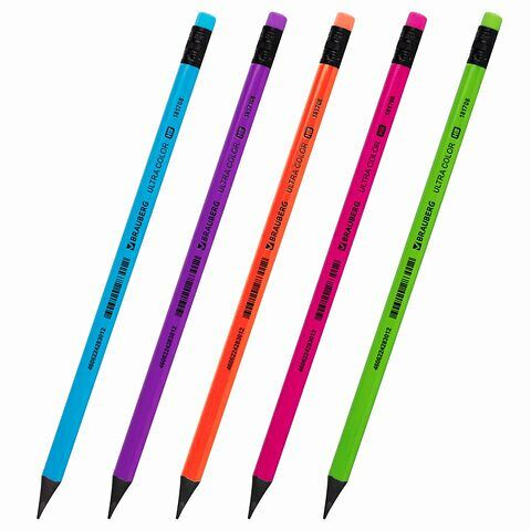 Карандаш чернографитный Brauberg Ultra color, HB, с ластиком, пластиковый, в ассортименте