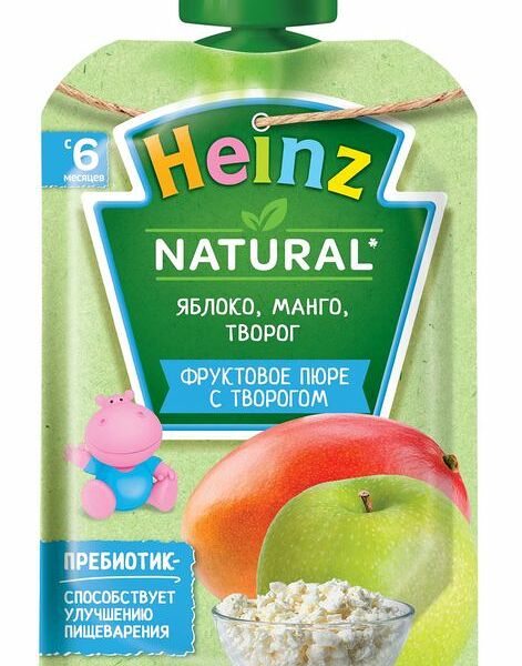 Пюре фруктово-творожное HEINZ Natural Яблоко, манго, с творогом, с 6 месяцев