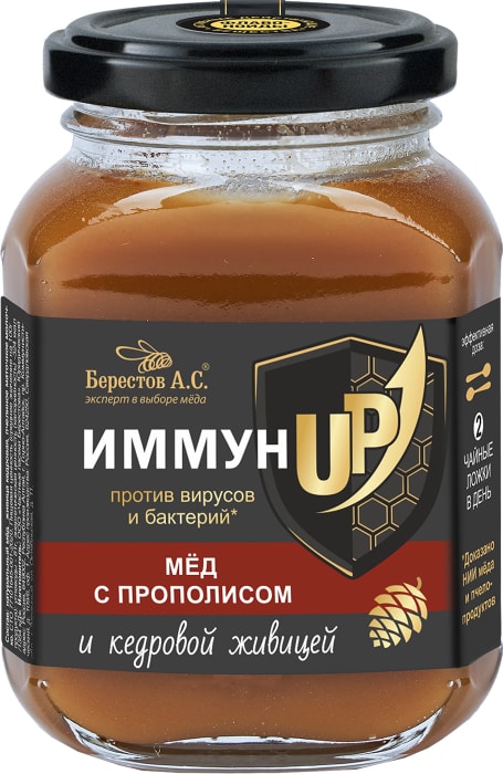 

Мёд Берестов А.С. ИммунUP натуральный цветочный полифлорный с прополисом и кедровой живицей 200 г