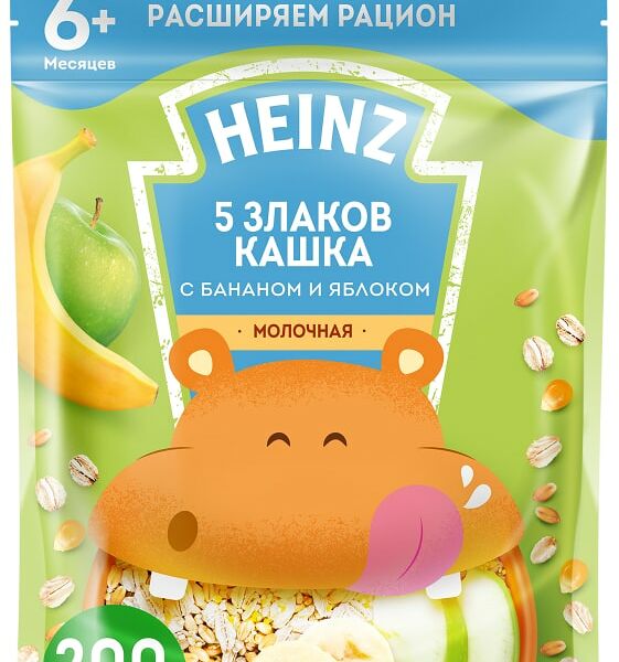 Каша Heinz 5 злаков Банан-Яблоко молочная с 6 месяцев 200г